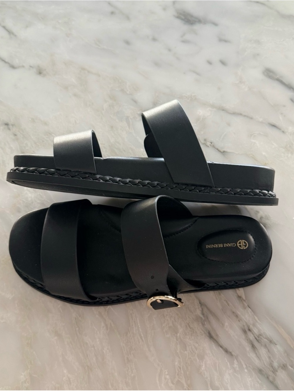 NIB Gianni Bini Giani Bernini Black Double-Strap Slide Sandals with Gold Buckle